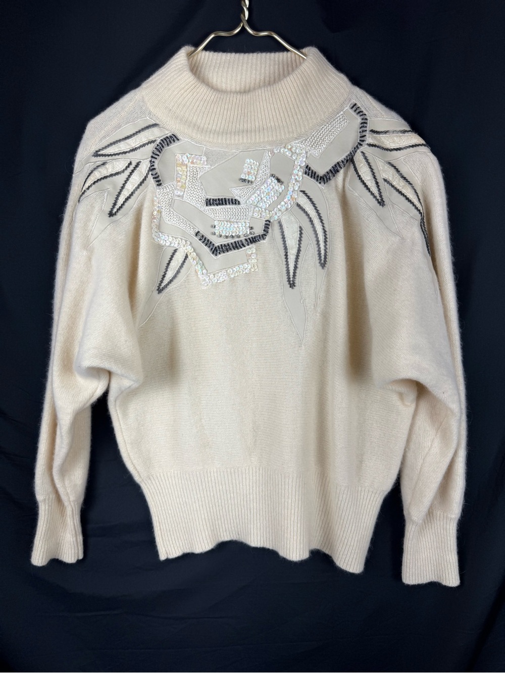 Vintage 80s Affinity Medium Ivory Lambswool Angora Sequin Leather Sweater